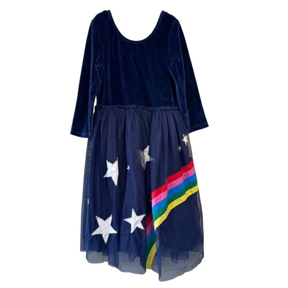 MINI BODEN Rainbow Tulle Dress Girls 11-12 152 Blue Velour Tulle Applique Stars - Picture 1 of 8